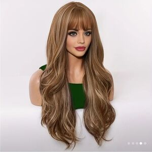 Elegant Brown Wavy Full Pullover Wig with Bangs